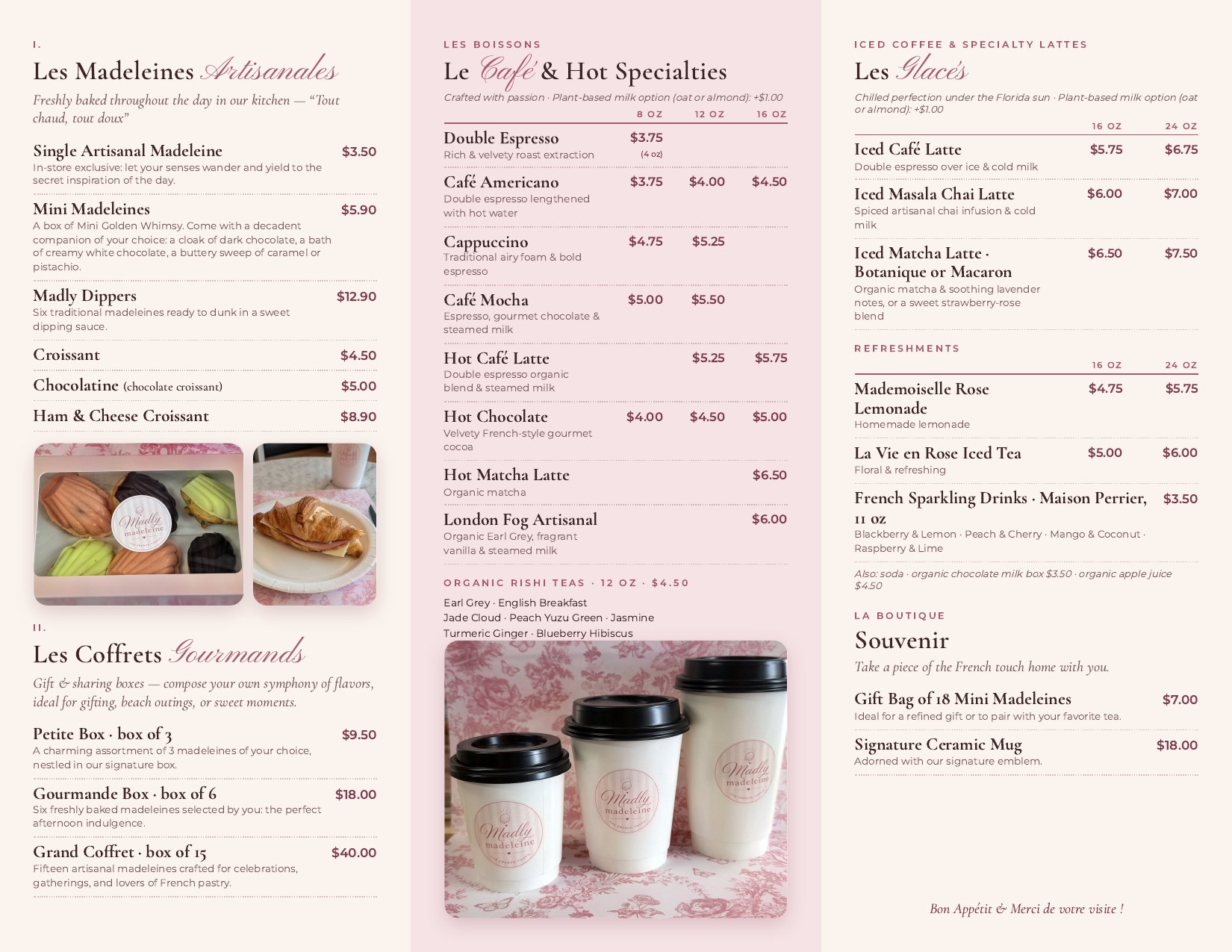 The Madly Madeleine menu, inside: artisanal madeleines, croissants, gift boxes, hot and iced drinks and the souvenir boutique, with prices