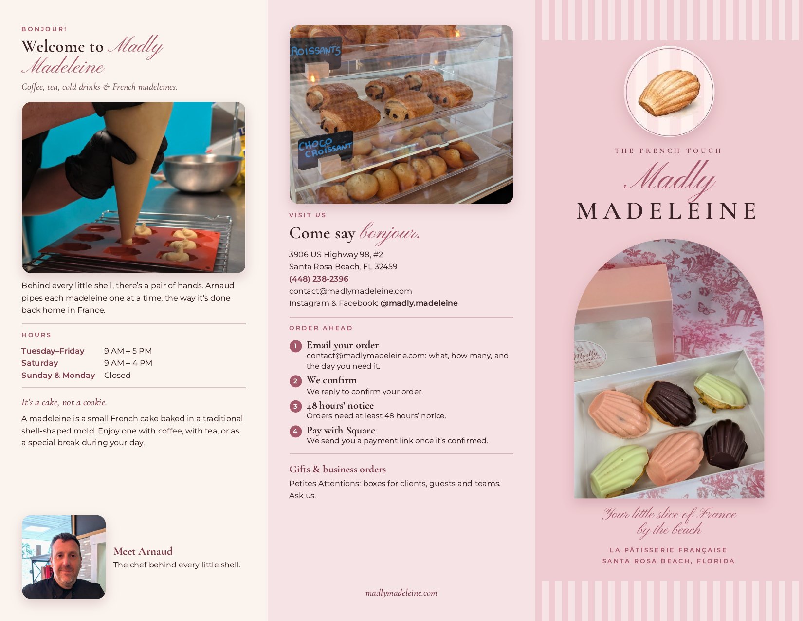 The Madly Madeleine menu, outside: welcome, hours, how to order and the café address