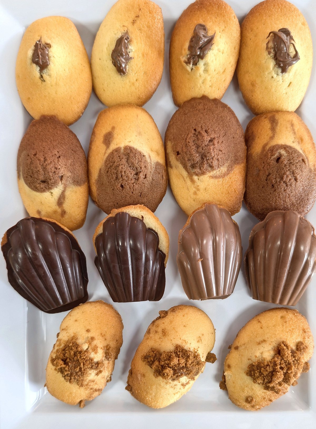 A tray of a dozen madeleines: golden, marbled and chocolate-dipped, some with chocolate or cookie-crumble centers